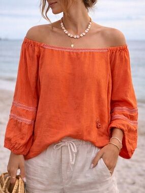 Joie Size XL Orange Linen Off Shoulder Blouse Boho Coastal Resort Peasant Top